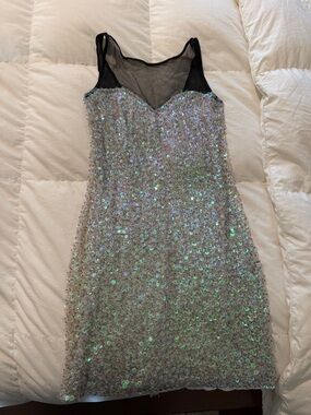 Millau Iridescent Sequin Mini Dress with Black Mesh Yoke